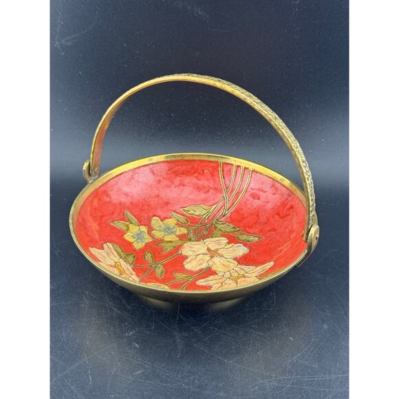 Vintage Brass Enamel Cloisonne Dish with Embossed Handle - Picture 5 of 8